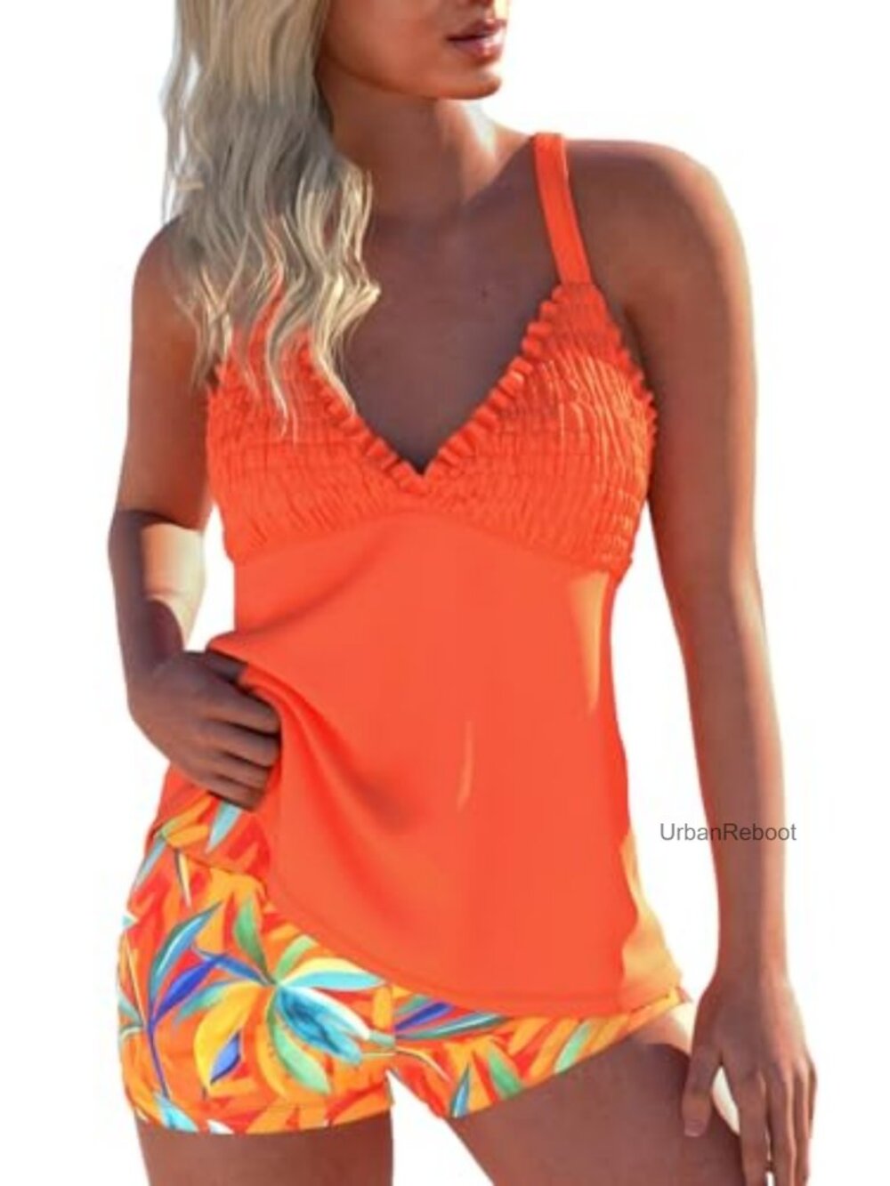 Smocked Tankini Set with Shorts V-Neck Tummy Control